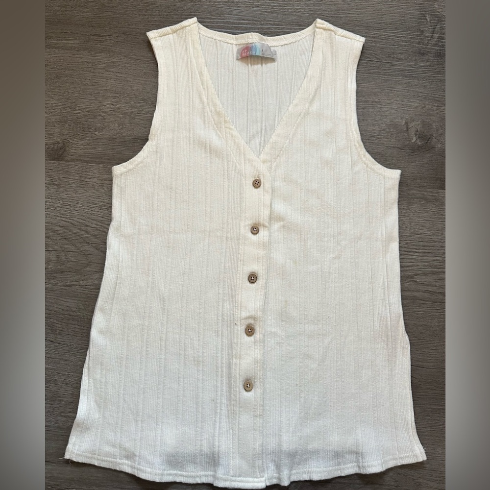 FREE PEOPLE Beach Dana Ribbed Button Sleeveless Top Vest Cream Off White Size S